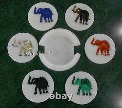 White Marble Table Master Piece Elephant Design Tea Coaster for Home 4.5 Inches