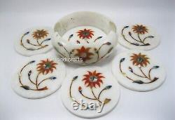 White Marble Wine Coaster Red Stone Inlaid Tea Coaster for Office Decor 4.5 Inch