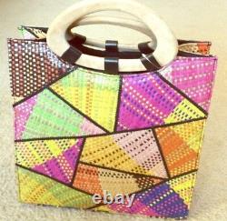 Woven Straw Bag Pink Yellow Geometric Design Wood Handle Art Deco Square Bag