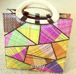Woven Straw Bag Pink Yellow Geometric Design Wooden Handle Art Deco Square Bag