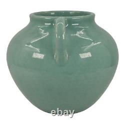 Zanesville Stoneware 1930s Art Deco Pottery Blue Green Ceramic Handled Vase B17