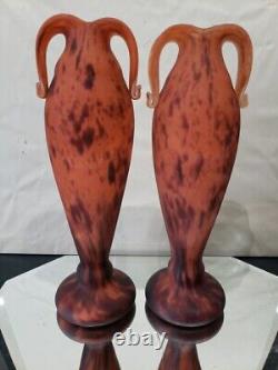 14 Vases en verre d'art, poignées orange mouchetées art déco français France Schneider