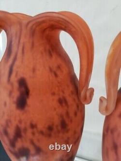14 Vases en verre d'art, poignées orange mouchetées art déco français France Schneider