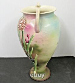 17 Vase Floral Peint À La Main De Grande Taille Double Poignée Fleurs Stupéfiantes