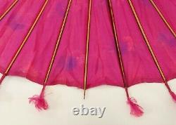 1920 Art Déco Japonais Parasol Silver Handle Pink Silk Crepe Hand Painted