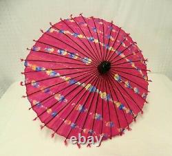 1920 Art Déco Japonais Parasol Silver Handle Pink Silk Crepe Hand Painted