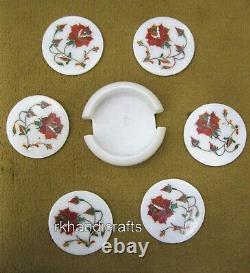 4.5 Inches Carnelian Stone Inlay Work Tea Coaster Set Table De Café En Marbre Blanc