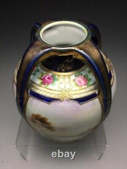 Ancien Chalet Japonais Noritake Sur Côte Paysage 4 Vase Art Déco À Poignées