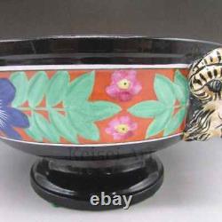 Ancien bol de grande taille avec motif de fleurs Art Déco de la marque Noritake et poignée en forme de lion U5241-10
