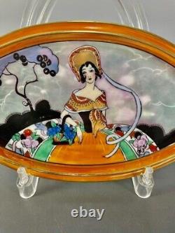 Ancien plateau décoratif Noritake avec poignée et image de dame en assiette de couleur lustrée de style Art Déco