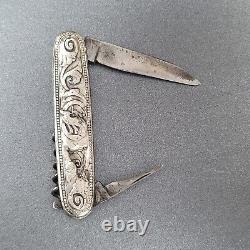 Ancien tire-bouchon en argent 830 avec couteau des années 1800, possible origine néerlandaise