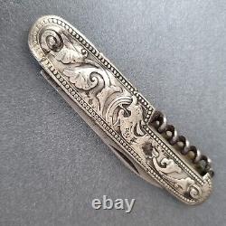 Ancien tire-bouchon en argent 830s avec couteau des années 1800, possible néerlandais