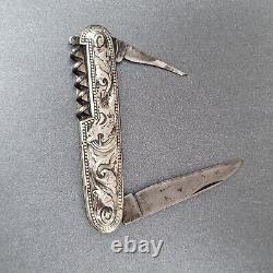 Ancien tire-bouchon en argent 830s avec couteau des années 1800, possible néerlandais