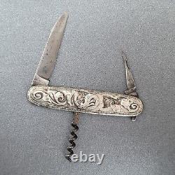 Ancien tire-bouchon en argent 830s avec couteau des années 1800, possible néerlandais