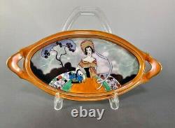 Ancienne décoration Noritake dame avec plateau à poignée, assiette à image de style Art Déco avec couleur chatoyante