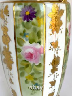 Antique Art Déco Nippon Morimura Panneaux Peints À La Main Floral & Gold Vase Manipulé