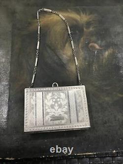 Antique Art Déco Silvertone Sac À Main Poudre Compacte Avec Poignée De Chaîne Détails Fins