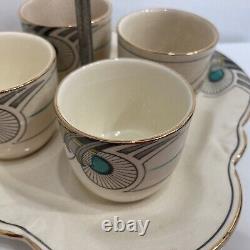 Antique Art Deco Sunderland Ware Pottery Cups /tray Set/phénolic/chrome Poignée
