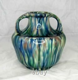 Antique Awaji Pottery Two Handle Japonais Art Déco Vase Flambe Goutte À Goutte Glaçure