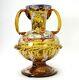 Antique Moser Art Déco Verre Ambre 10 Vase Avec Fleurs Émaillées Poignées Appliquées