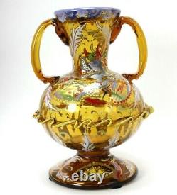 Antique Moser Art Déco Verre Ambre 10 Vase Avec Fleurs Émaillées Poignées Appliquées