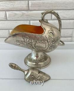Antique Sugar Bowl Louche Argent Plaqué Bronze Gravé Poignée Russe Rare Vieux