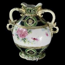 Antique Vase Moriage Double Poignée Pastel Peint Mamans Or Gild Porcelaine 7.5