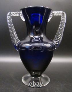 Art Déco Ancien Vase à pied et à anse en verre MORGANTOWN Ritz Cobalt Blue ELECTRA 10