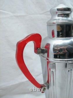 Art Déco Chrome Steel Martini Cocktail Shaker Withred Lucite/bakelite Handle Retro