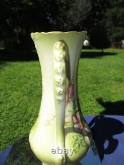 Art Deco Nippon 2 Poignées Urne Vase & Couvercle Rose Rose Sauvage sur Vert Céladon