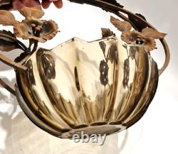 Art déco français antique des années 1920-30 Bol en verre taillé avec poignée en fer pour plantes et fleurs
