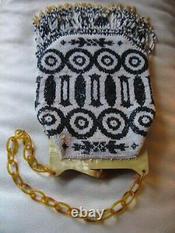 Cadre en bakélite antique Art Déco noir et blanc avec perles, doublure en soie et sac à main