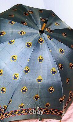 Christian Dior Vintage Parapluies Umbrella Blue & Gold Wood Handle Rare Des Années 1970