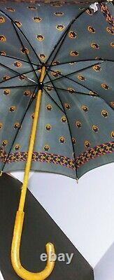 Christian Dior Vintage Parapluies Umbrella Blue & Gold Wood Handle Rare Des Années 1970