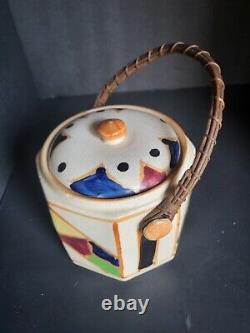 Couvercle de boîte à biscuits en porcelaine peinte à la main antique, poignée en osier de saule, art déco de 1930, 46.