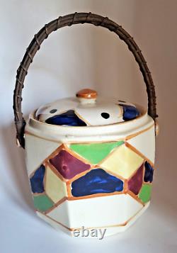 Couvercle de boîte à biscuits en porcelaine peinte à la main antique, poignée en osier de saule, art déco de 1930, 46.
