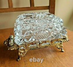 Cut Antique Cristal Ormolu Mount Box Bijoux Coffret Poignée De La Cabine De Porcelaine