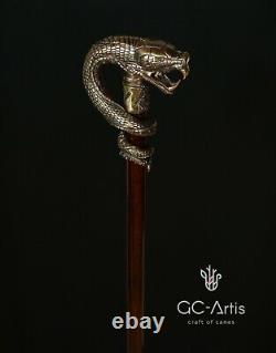 Dragon Snake Bâton De Marche En Laiton De Canne En Bronze Poignée Arbre En Bois À Collectionner