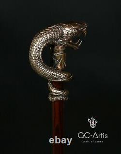 Dragon Snake Bâton De Marche En Laiton De Canne En Bronze Poignée Arbre En Bois À Collectionner