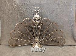 Écran de ventilateur pliant pour cheminée antique en laiton avec motif de paon et camée, style Art déco victorien