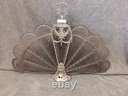 Écran de ventilateur pliant pour cheminée antique en laiton avec motif de paon et camée, style Art déco victorien