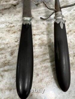 Ensemble de couteaux à découper Antique Art Deco Lanson Goodnow avec fourchette et manches en ébène RARE