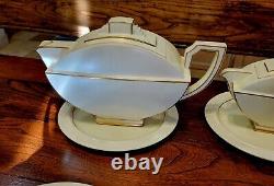 Ensemble de service pour thé avec théière rectangulaire, tasse à thé et soucoupe de style Art Déco antique - 27 pièces