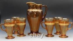 Ensemble de thé glacé en verre d'art ambre de Cambridge antique, 7 pièces, carafe et verres à poignée