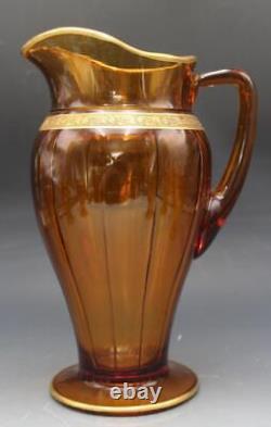 Ensemble de thé glacé en verre d'art ambre de Cambridge antique, 7 pièces, carafe et verres à poignée
