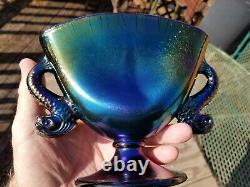 Fenton Carnival Stretch Glass Black Amethyst Iridescent Dauphin Handle Fan Vase