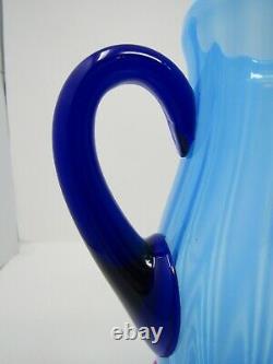 Fenton Rib Optic Blue Opalescent Art Glass Lemonade Pitcher 10 Cobalt Poignée