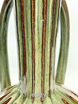 Grand 4 Poignée 22 Tall Art Deco Style Nouveau Vase Vert Marron Drip Glaze