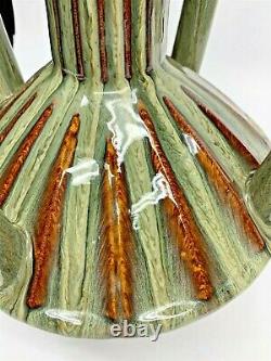 Grand 4 Poignée 22 Tall Art Deco Style Nouveau Vase Vert Marron Drip Glaze