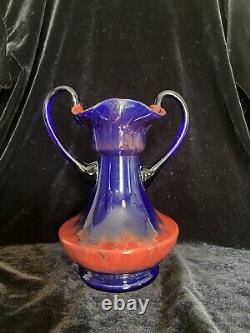 Impressionnant Rare Vase en Verre d'Art Tchèque Tango Art Déco Rouge Bleu Vaseline à Double Anse